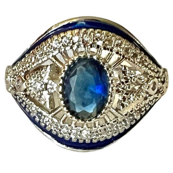 925 Jewelry - Sterling Silver 925 Blue Cz  Gemstone Evil Eye Design Ring Size 6.75